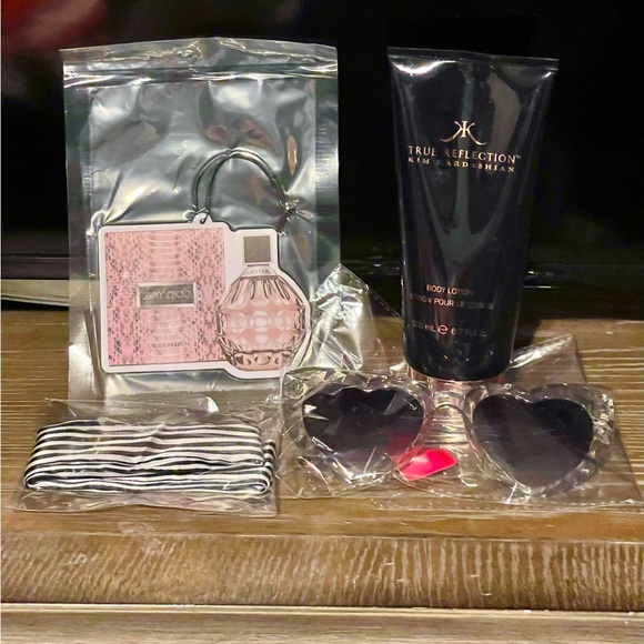 Accessories - 4pc bundle. Betsy Johnson sunnies, Jimmy Choo car freshie, KK lotion, & Twilly.